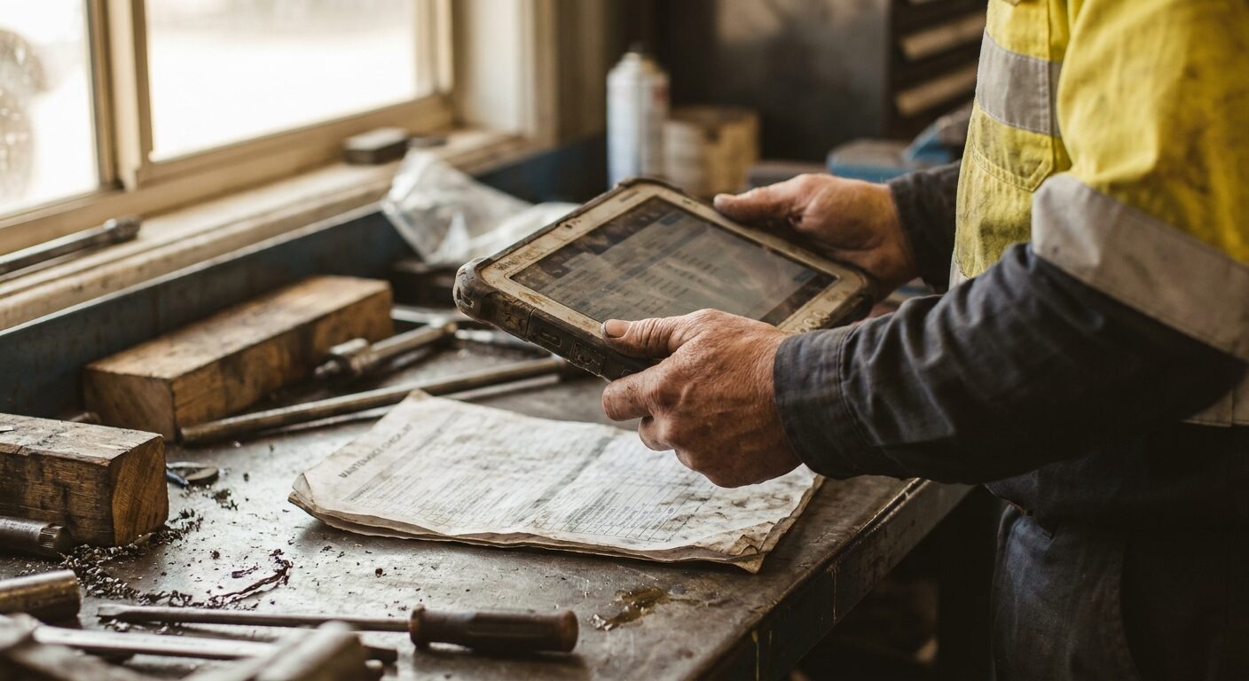 Tablet en papieren checklist op een stalen werkbank