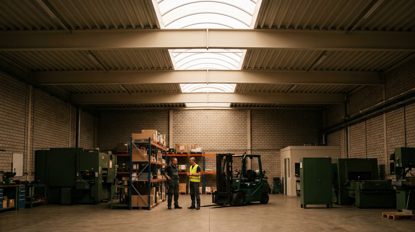Opgeruimde productiehal met twee mensen in gesprek