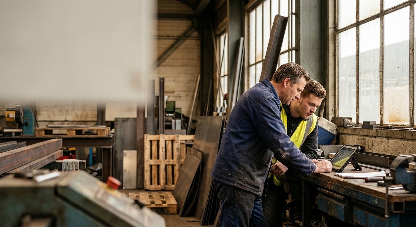 Directie en werkvloer kijken samen naar een tablet aan de werkbank